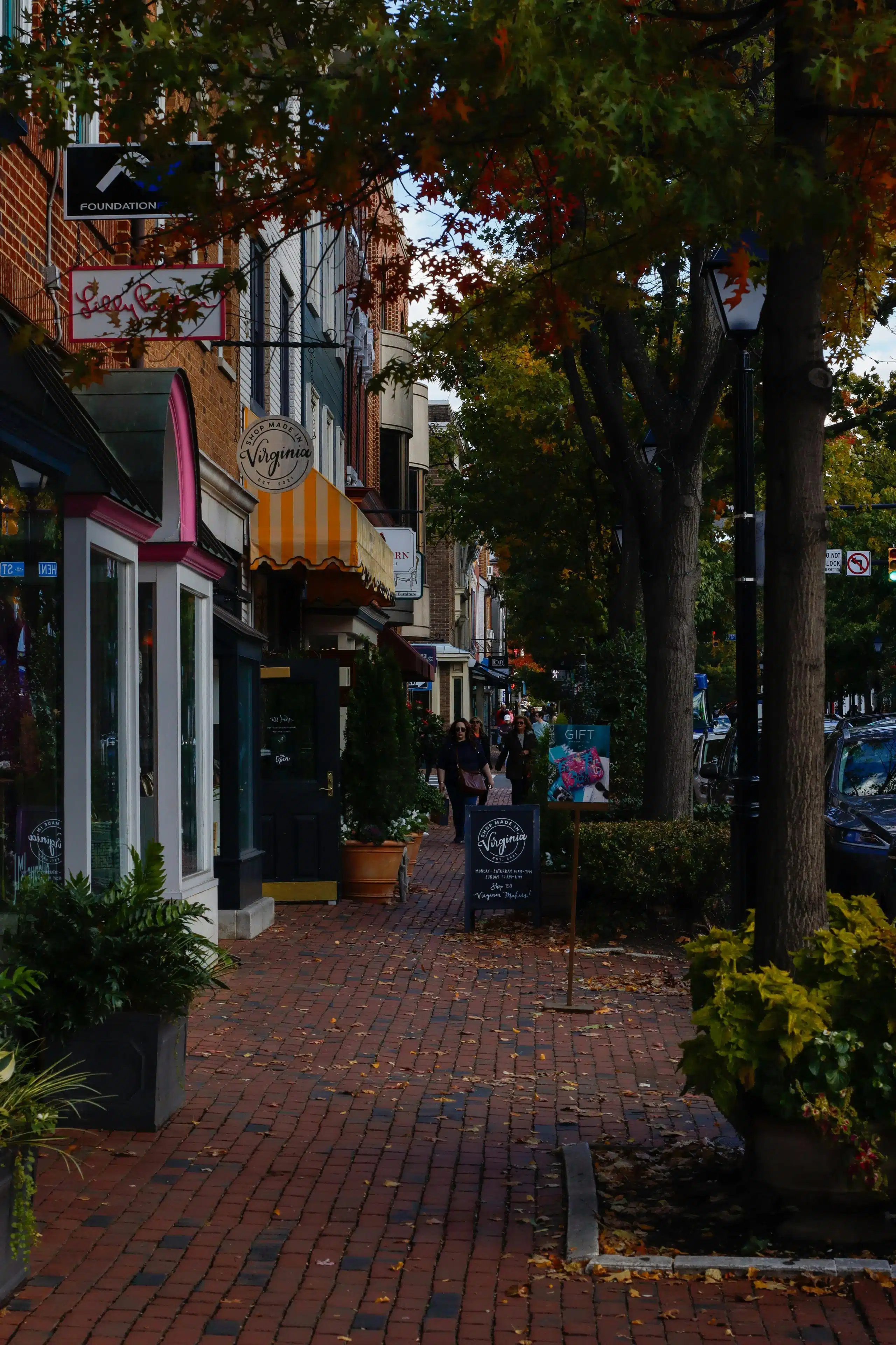 Brick sidewalk with local shops and fall trees in Old Town Alexandria, Virginia