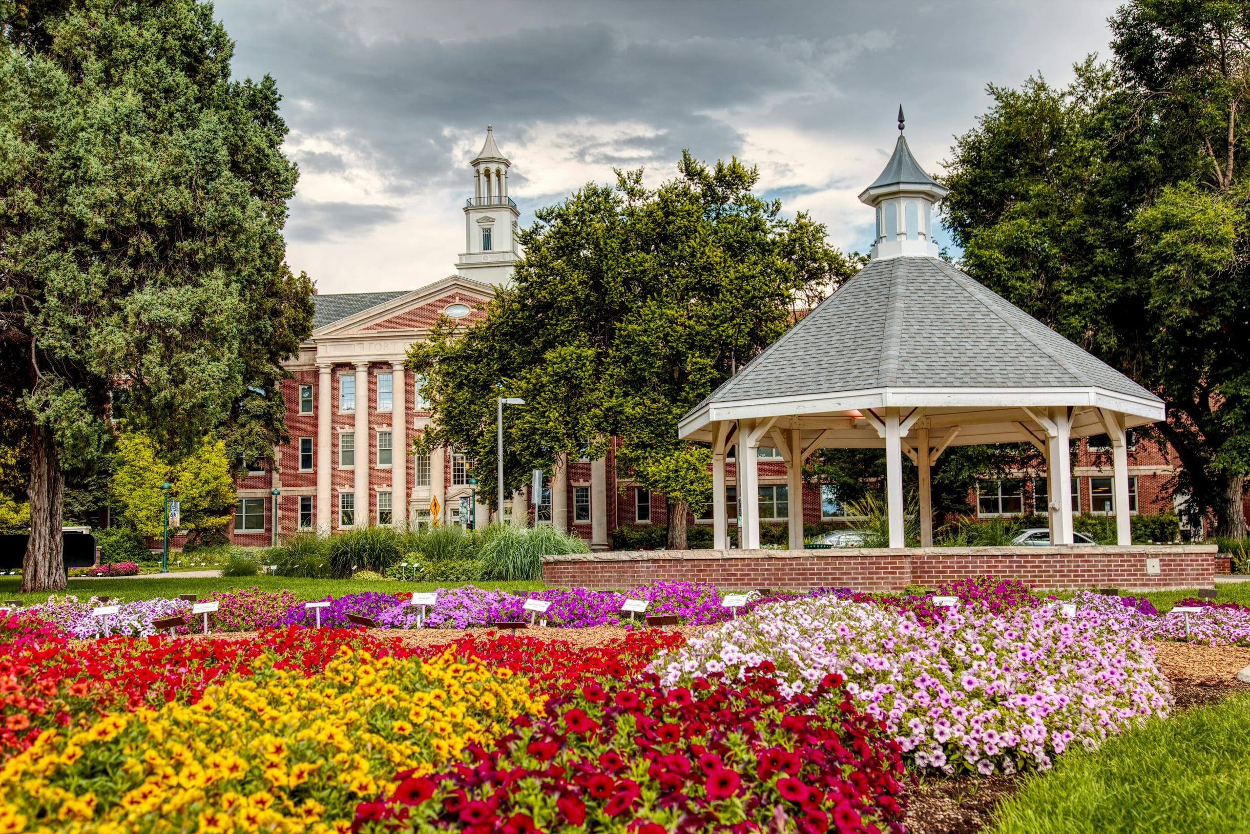 Colorful flower gardens and gazebo on the Colorado State University campus in Fort Collins, Colorado
