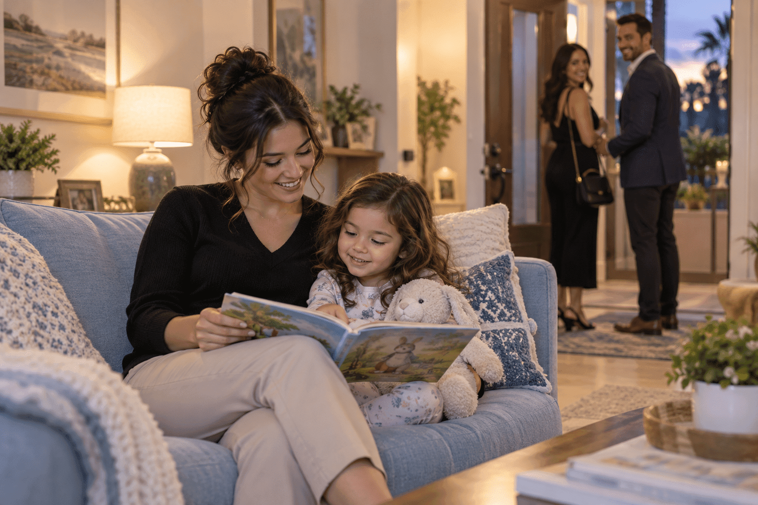 Babysitter reading with a child as parents prepare for an evening out.