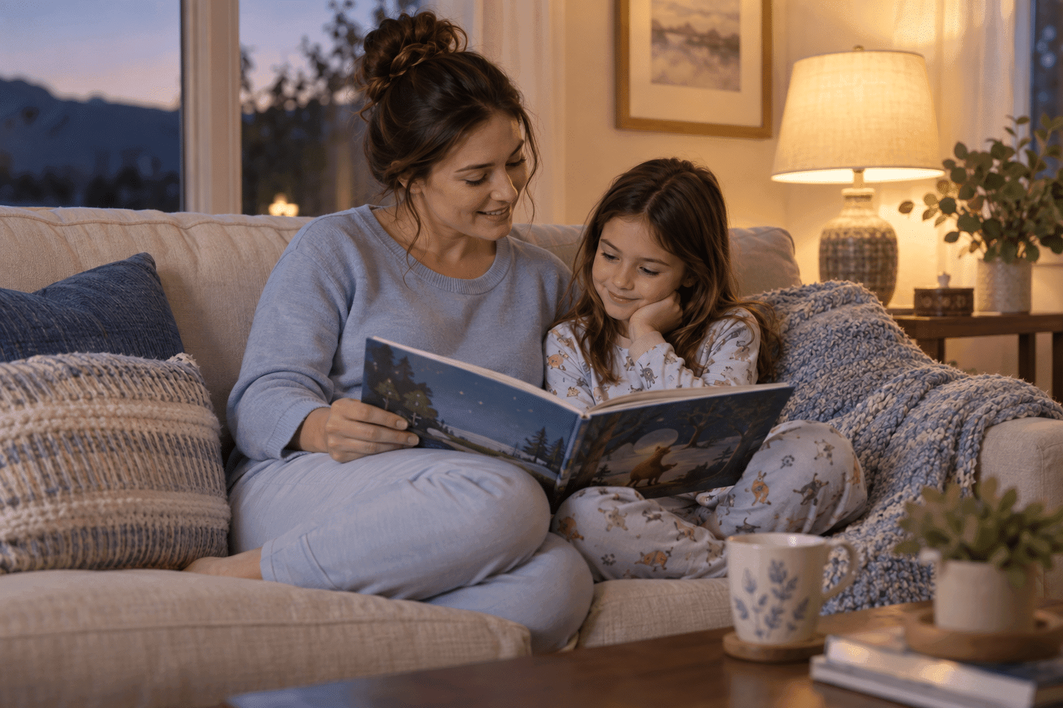 A caregiver reading a picture book with a child during an evening at home.
